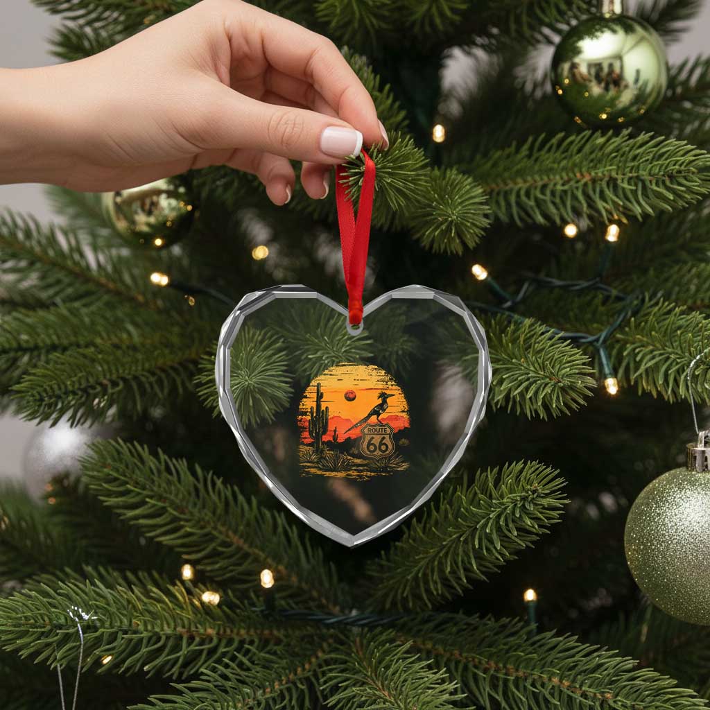 Route Highway 66 Roadrunner Desert Sunset Arizona Heart Crystal Glass Ornament Cactus Landscape Texas Nevada Southwest Bird Lover