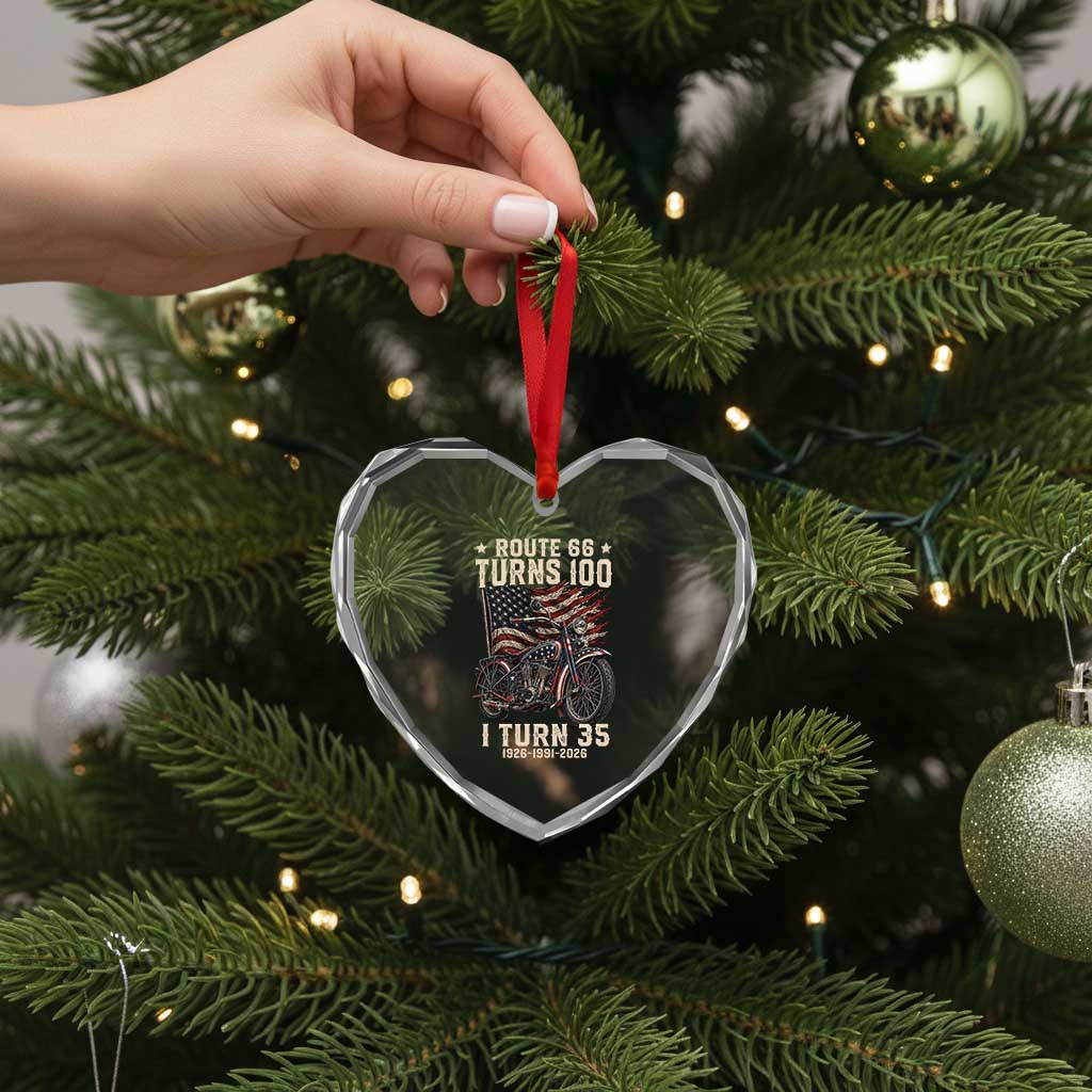 Route Highway 66 Turns 100 I Turn 35 Heart Crystal Glass Ornament Vintage 1991 American Clasic V-Twin Motorcycle Lover 35th Birthday Gift