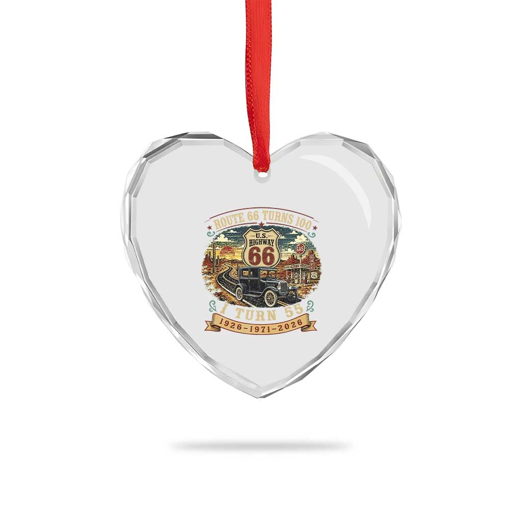 Route Highway 66 Turns 100 I Turn 55 Heart Crystal Glass Ornament Vintage 1971 Road Sign Antique Car Lover 55th Birthday Gift
