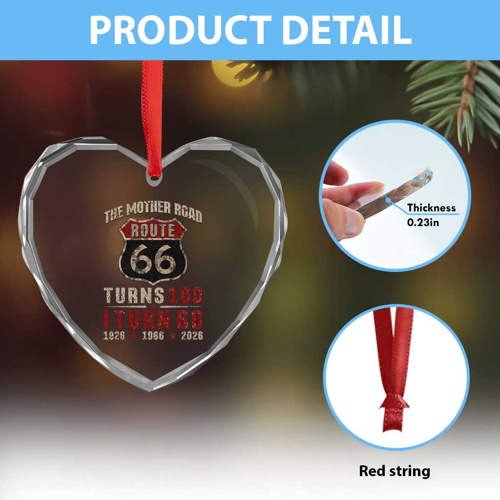Route Highway 66 Turns 100 I Turn 60 Heart Crystal Glass Ornament Vintage 1966 Road Sign 60th Birthday Gift