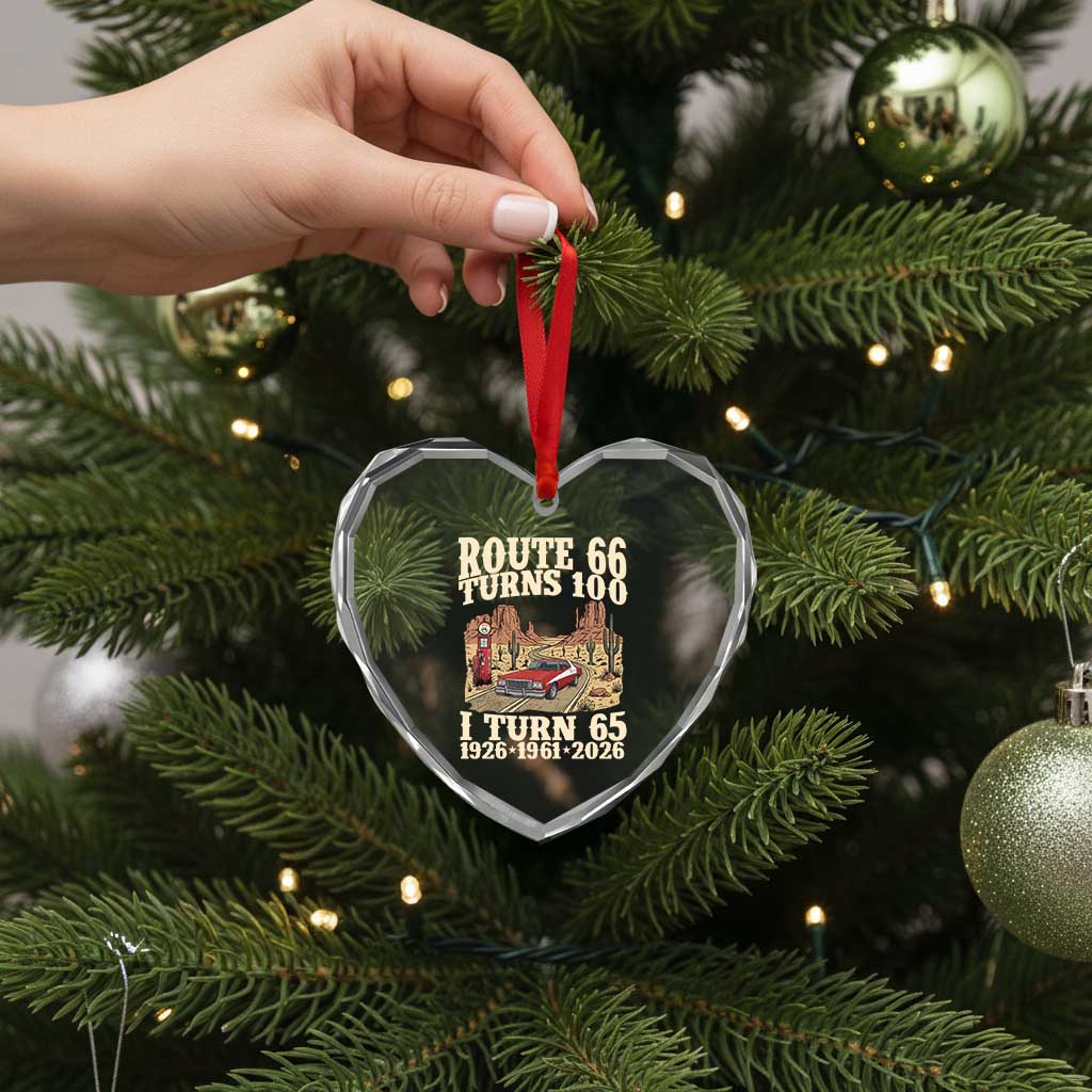 Route Highway 66 Turns 100 I Turn 65 Heart Crystal Glass Ornament Vintage 1961 Road Sign American Muscle Car Lover 65th Birthday Gift