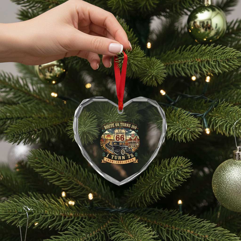 Route Highway 66 Turns 100 I Turn 75 Heart Crystal Glass Ornament Vintage 1951 Road Sign Antique Car Lover 75th Birthday Gift