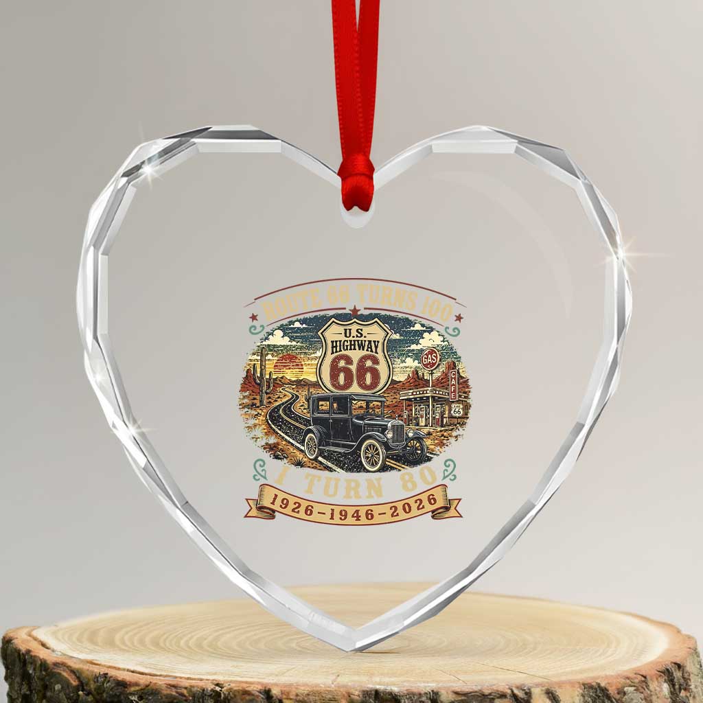 Route Highway 66 Turns 100 I Turn 80 Heart Crystal Glass Ornament Vintage 1946 Road Sign Antique Car Lover 80th Birthday Gift