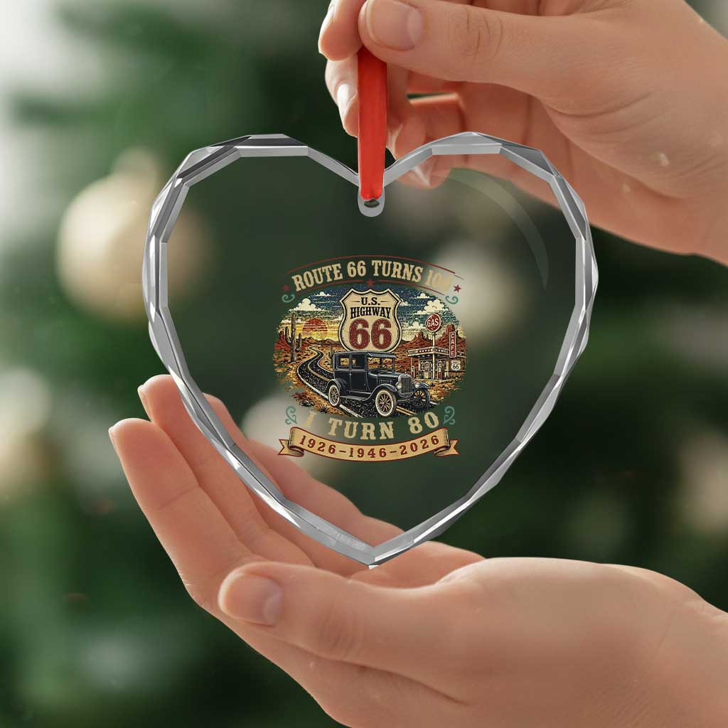 Route Highway 66 Turns 100 I Turn 80 Heart Crystal Glass Ornament Vintage 1946 Road Sign Antique Car Lover 80th Birthday Gift