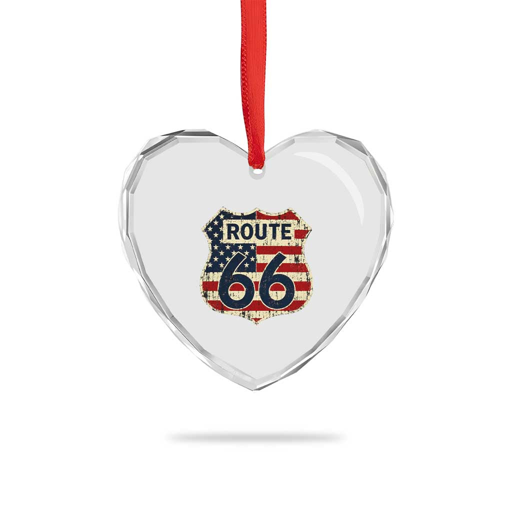 Route US 66 American Flag Americana Road Trip Heart Crystal Glass Ornament