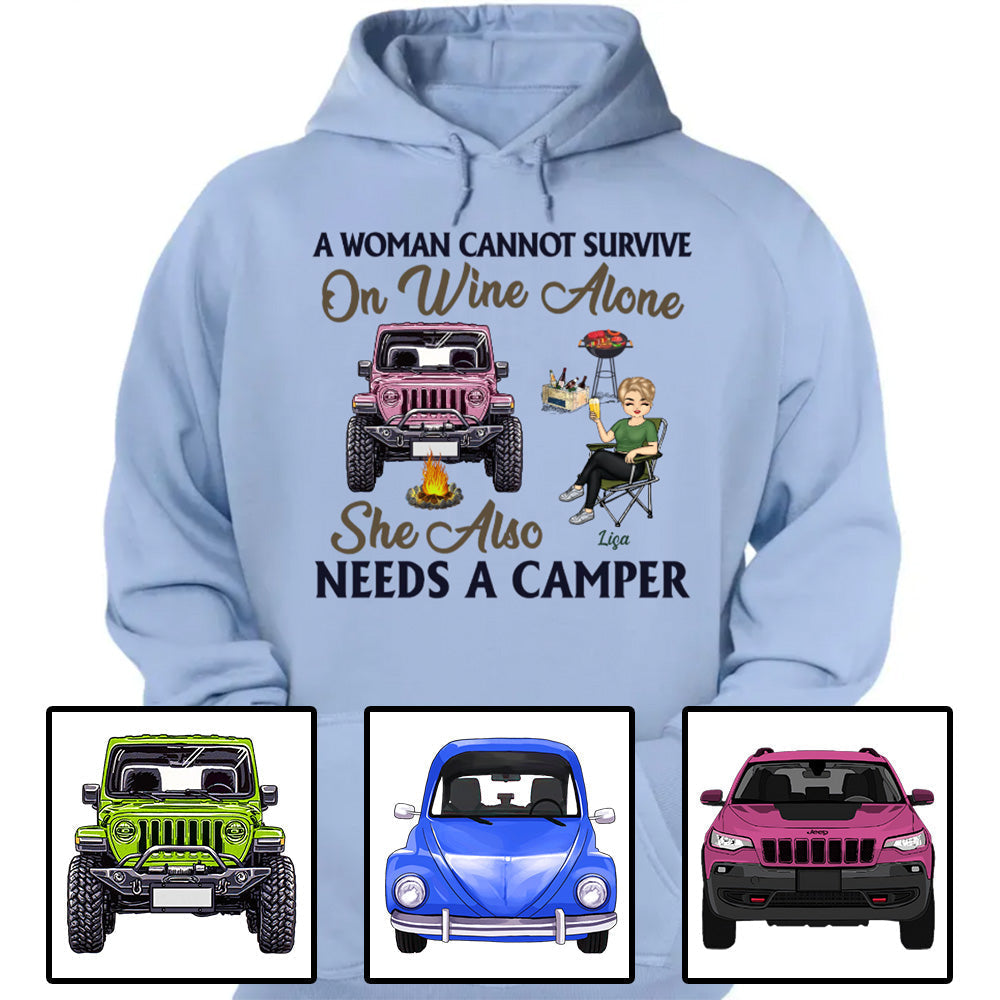 Custom JP Shirts, JP A Woman Cannot Survive On Wine Alone Camping Apparel CTM Custom - Printyourwear