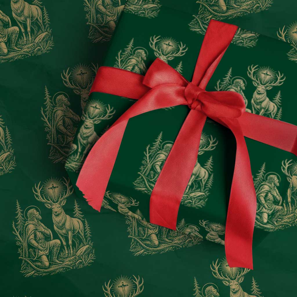 Saint Hubert Patron Saint of Hunters Vintage Woodcut Wrapping Paper Roll Catholic Faith and Hunting Heritage Gift TS02 Green Print Your Wear