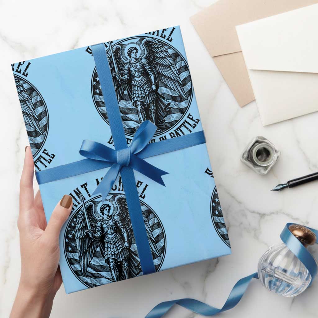 Saint Michael Defend Us In Battle Wrapping Paper Roll American Flag Patriotic TS12 Light Blue Print Your Wear