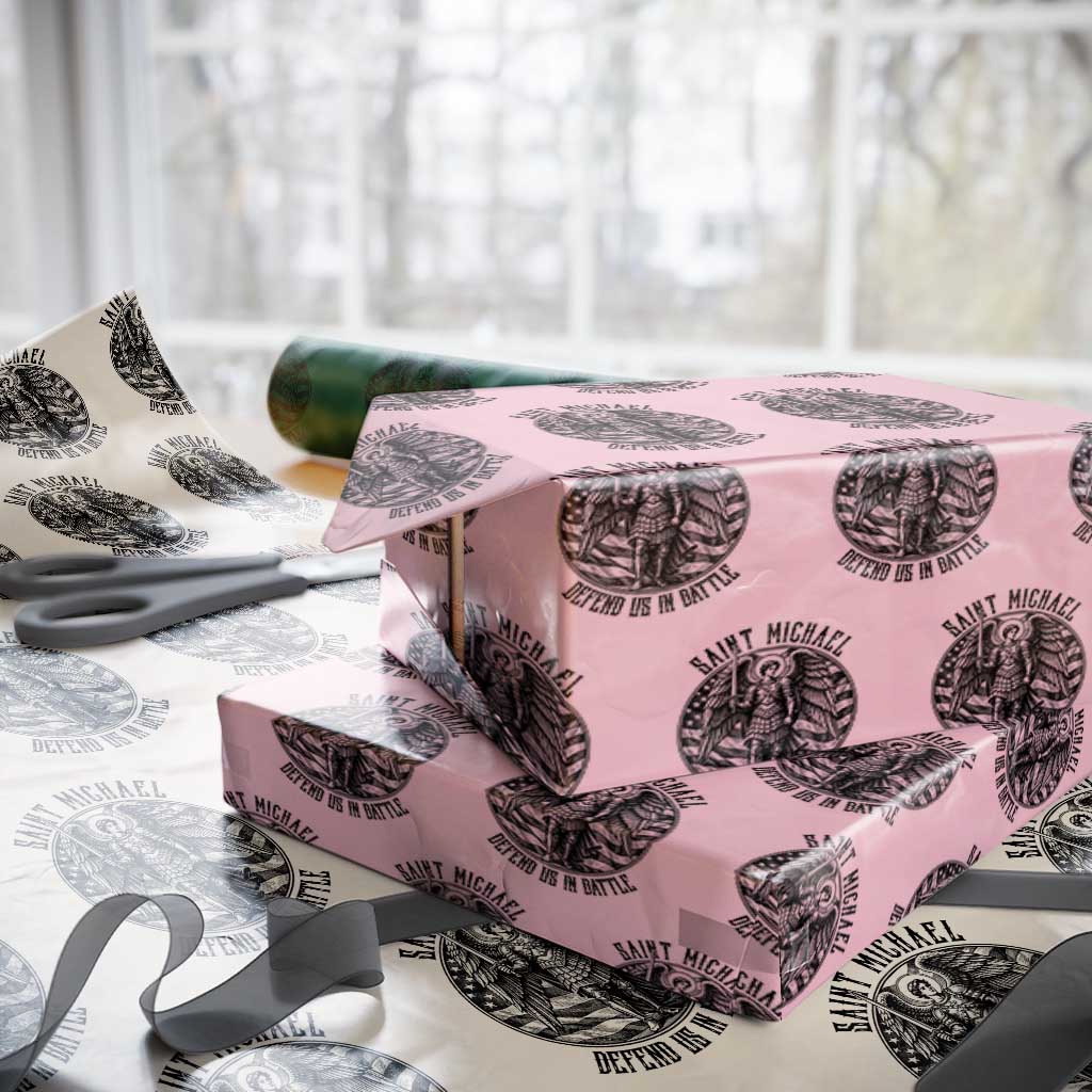 Saint Michael Defend Us In Battle Wrapping Paper Roll American Flag Patriotic TS12 Light Pink Print Your Wear