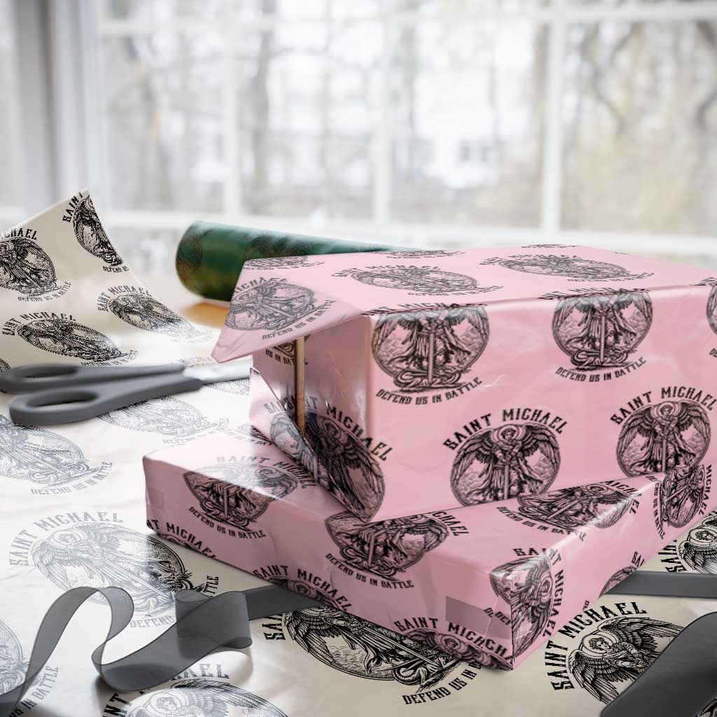 Saint Michael Heavenly Warrior Wrapping Paper Roll Defend Us In Battle TS12 Light Pink Print Your Wear