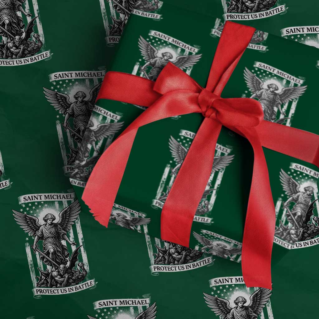 Saint Michael Protect Us In Battle Wrapping Paper Roll American Flag Catholic Christian Faith TS11 Green Print Your Wear