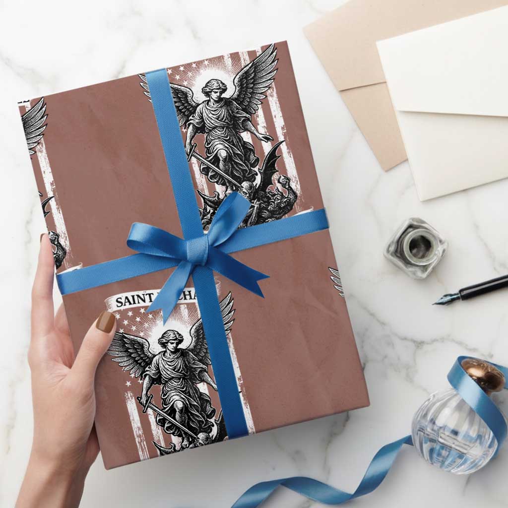 Saint Michael Protect Us In Battle Wrapping Paper Roll American Flag Catholic Christian Faith TS11 Mocha Print Your Wear