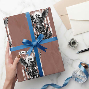 Saint Michael Protect Us In Battle Wrapping Paper Roll American Flag Catholic Christian Faith TS11 Mocha Print Your Wear