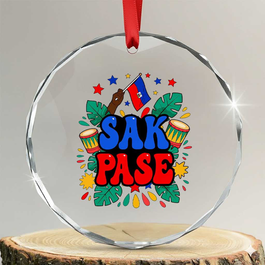 Sak Pase Colorful Festive Haitian Drums Tropical Graphic Crystal Glass Ornament Haiti Heritage Pride TS02 Transparent Glass 3'' Circle Print Your Wear