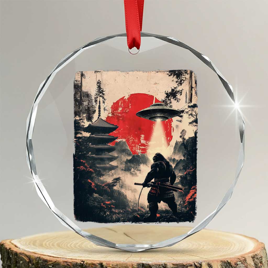 Samurai Bigfoot Crystal Glass Ornament Funny Japanese Retro Vintage Sasquatch Graphic Ukiyo-e Art TS10 Transparent Glass 3'' Circle Print Your Wear