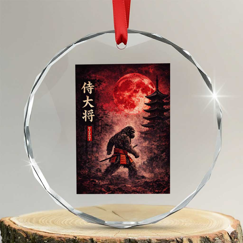 Samurai Bigfoot Crystal Glass Ornament Vintage Japanese Graphic Ukiyo-e Art Sasquatch Red Moon TS10 Transparent Glass 3'' Circle Print Your Wear