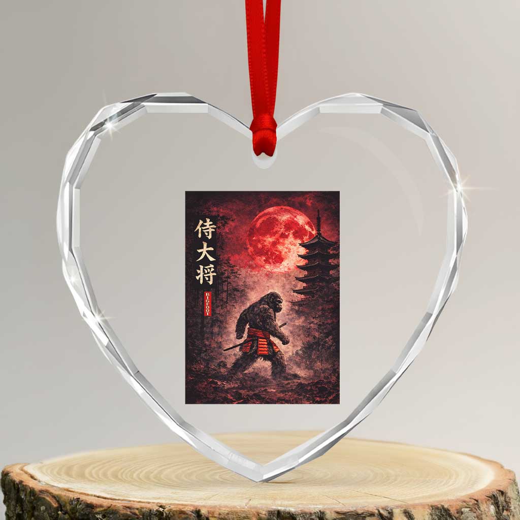 Samurai Bigfoot Heart Crystal Glass Ornament Vintage Japanese Graphic Ukiyo-e Art Sasquatch Red Moon TS10 Transparent Glass 3'' Heart Print Your Wear