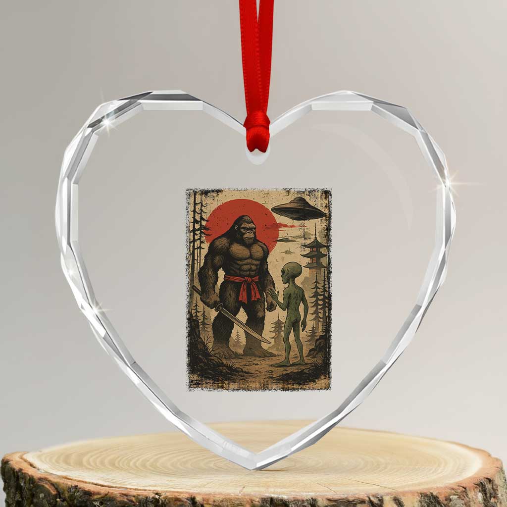 Samurai Bigfoot Japanese UFO Heart Crystal Glass Ornament Sasquatch Ailen Ukiyo-e TS14 Transparent Glass 3'' Heart Print Your Wear
