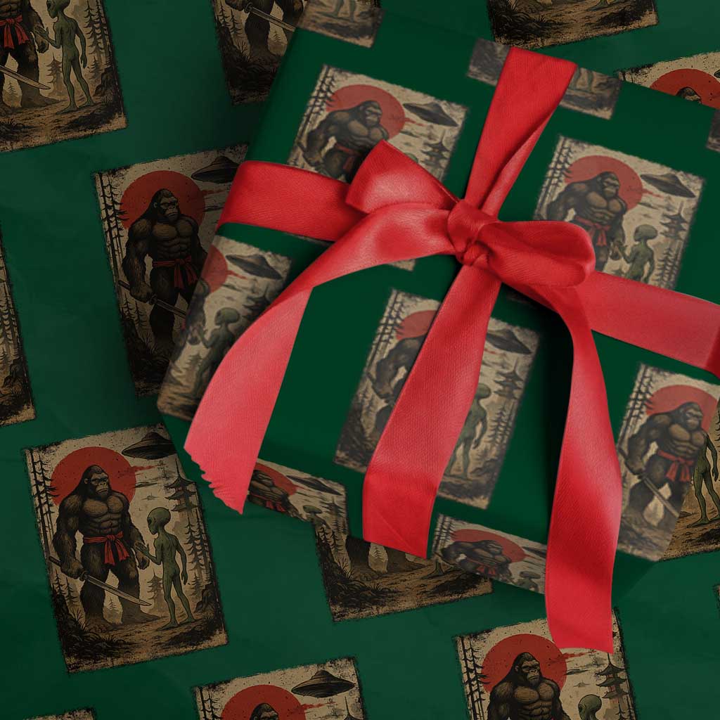 Samurai Bigfoot Japanese UFO Wrapping Paper Roll Sasquatch Ailen Ukiyo-e TS14 Green Print Your Wear