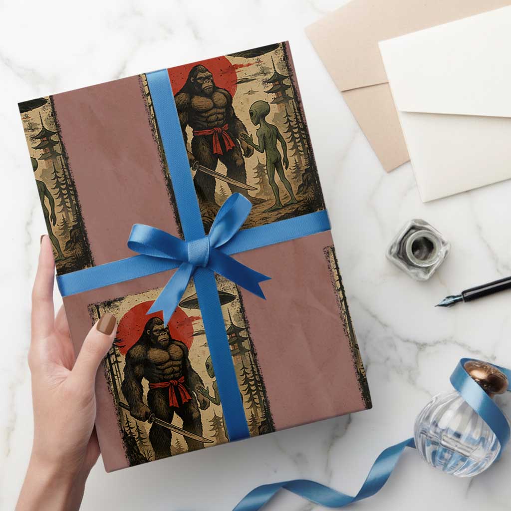 Samurai Bigfoot Japanese UFO Wrapping Paper Roll Sasquatch Ailen Ukiyo-e TS14 Mocha Print Your Wear