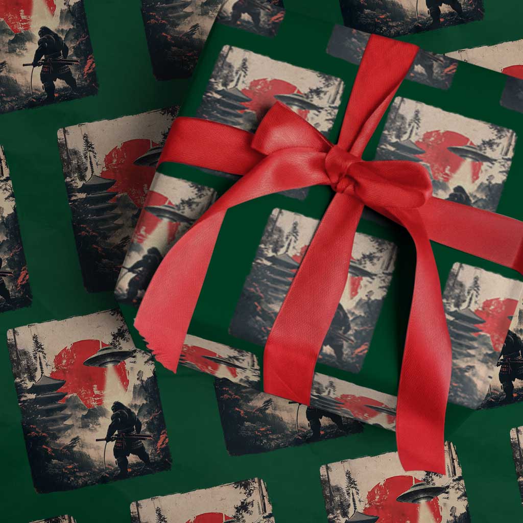 Samurai Bigfoot Wrapping Paper Roll Funny Japanese Retro Vintage Sasquatch Graphic Ukiyo-e Art TS10 Green Print Your Wear