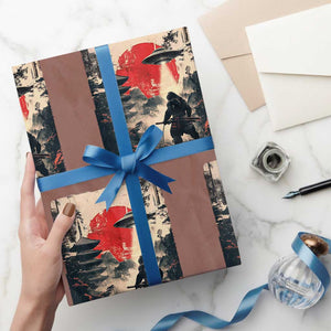 Samurai Bigfoot Wrapping Paper Roll Funny Japanese Retro Vintage Sasquatch Graphic Ukiyo-e Art TS10 Mocha Print Your Wear