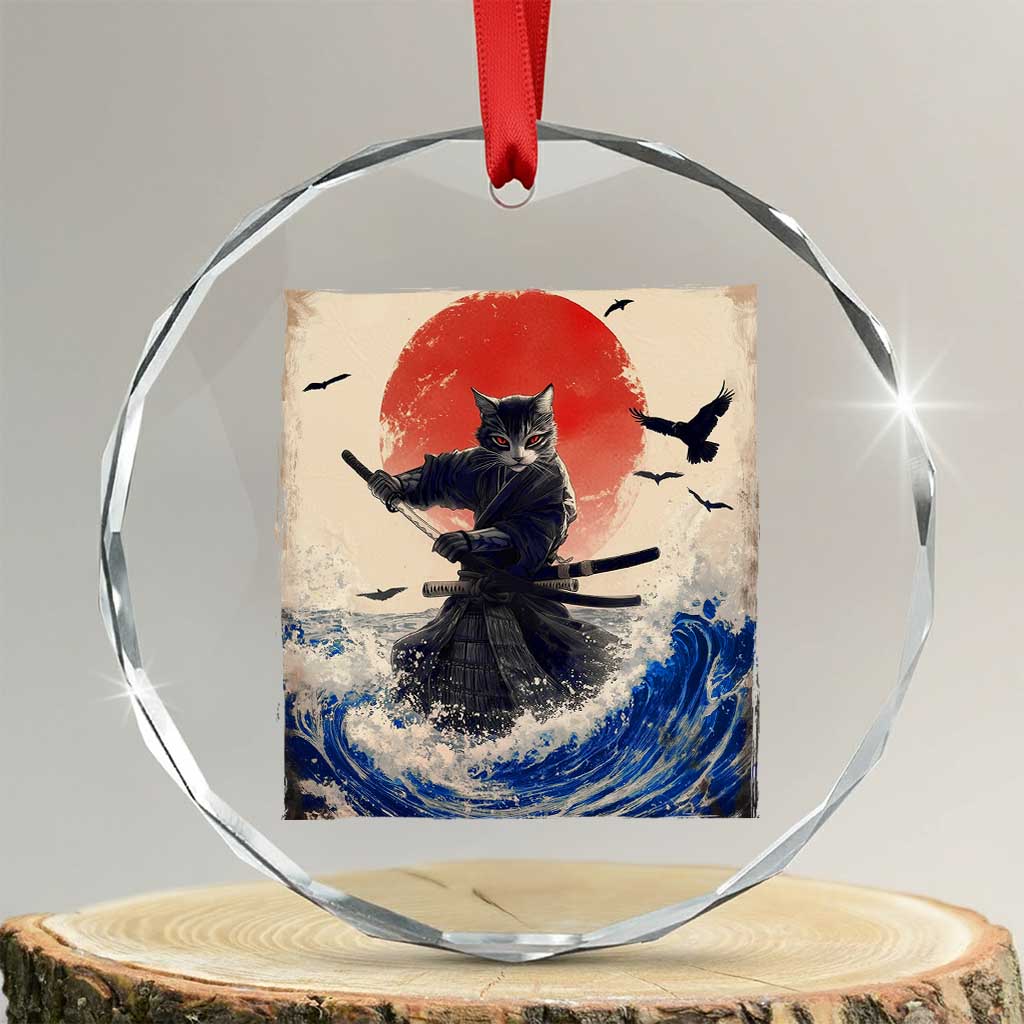 Samurai Cat Crystal Glass Ornament Vintage Japanese Art Anime Ukiyo-e Warrior TS10 Transparent Glass 3'' Circle Print Your Wear