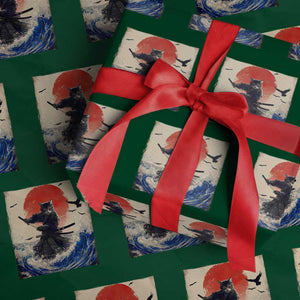 Samurai Cat Wrapping Paper Roll Vintage Japanese Art Anime Ukiyo-e Warrior TS10 Green Print Your Wear