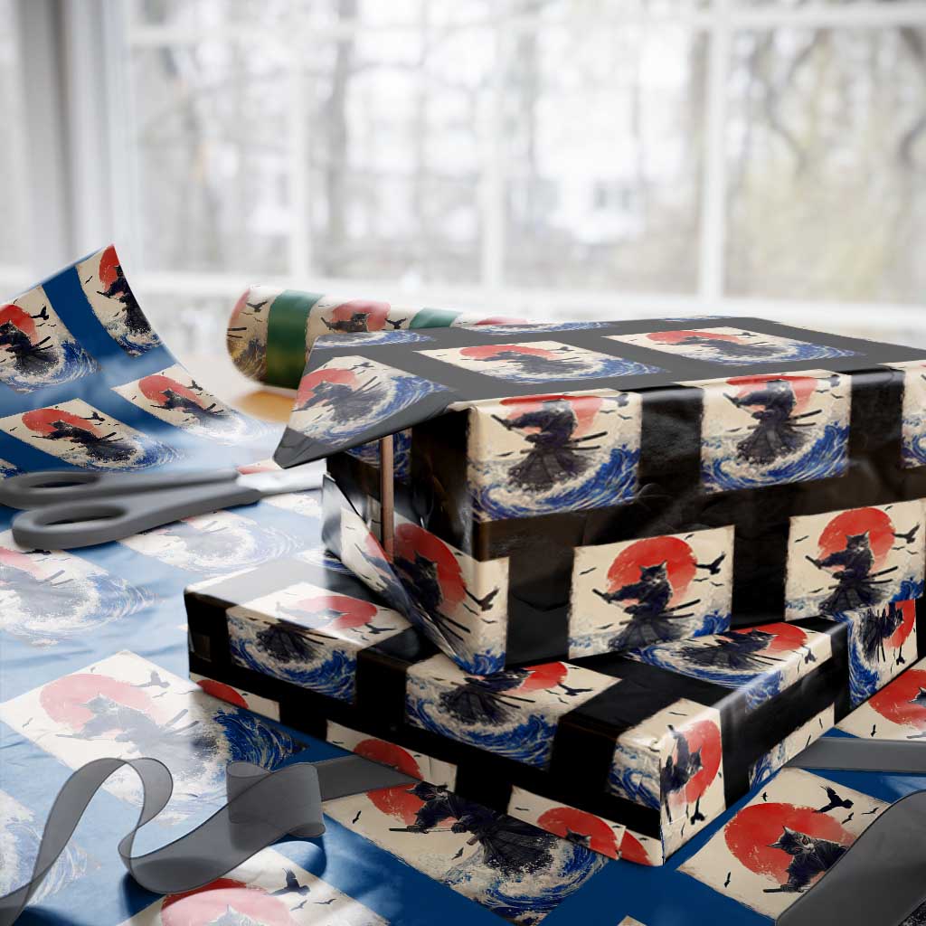 Samurai Cat Wrapping Paper Roll Vintage Japanese Art Anime Ukiyo-e Warrior TS10 Black Print Your Wear