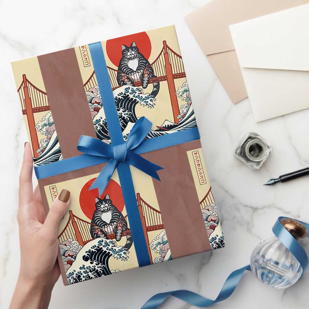 San Francisco Cat Wrapping Paper Roll Vintage Japanese Anime Kawaii Cat Sunset TS14 Mocha Print Your Wear