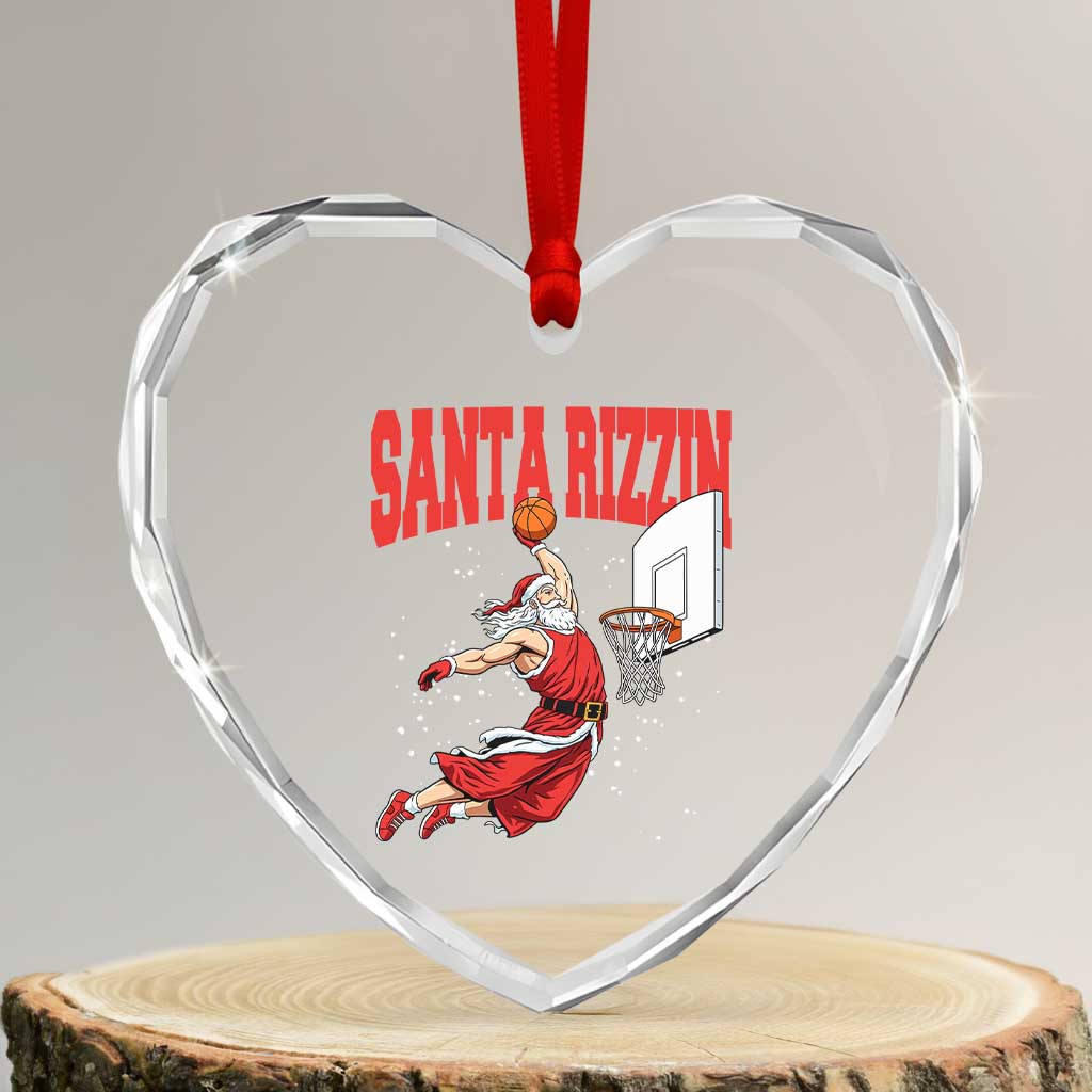 Santa Basketball Christmas Heart Crystal Glass Ornament He Is Rizzin TS14 Transparent Glass 3'' Heart Print Your Wear