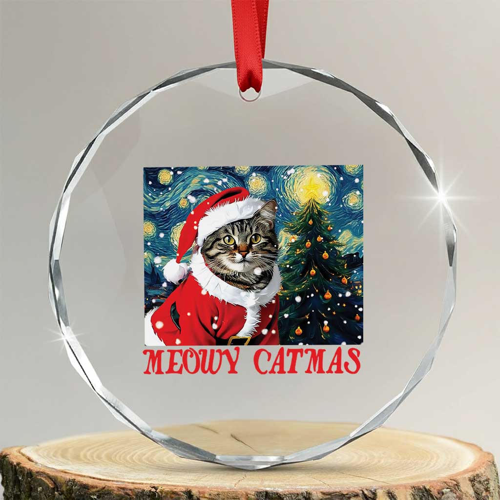 Santa Cat Xmas Crystal Glass Ornament Meowy Catmas Starry Night Christmas Tree TS09 Transparent Glass 3'' Circle Print Your Wear