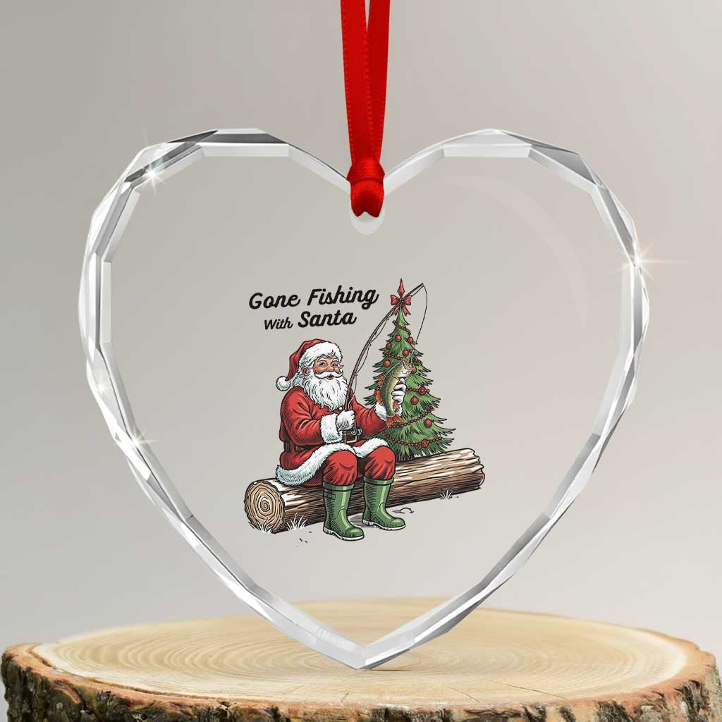 Santa Fishing Chritsmas Heart Crystal Glass Ornament Funny Fisherman Xmas TS14 Transparent Glass 3'' Heart Print Your Wear