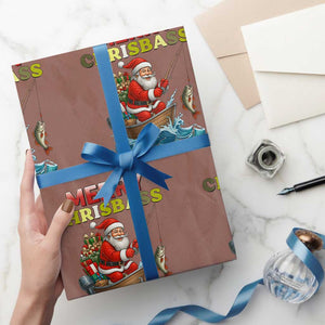 Santa Fishing Xmas Wrapping Paper Roll Funny Fisherman Merry Chrisbass Xmas TS14 Mocha Print Your Wear
