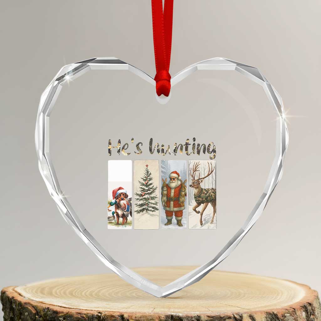 Santa Funny Xmas Hunter Look Heart Crystal Glass Ornament He Is Hunting TS12 Transparent Glass 3'' Heart Print Your Wear