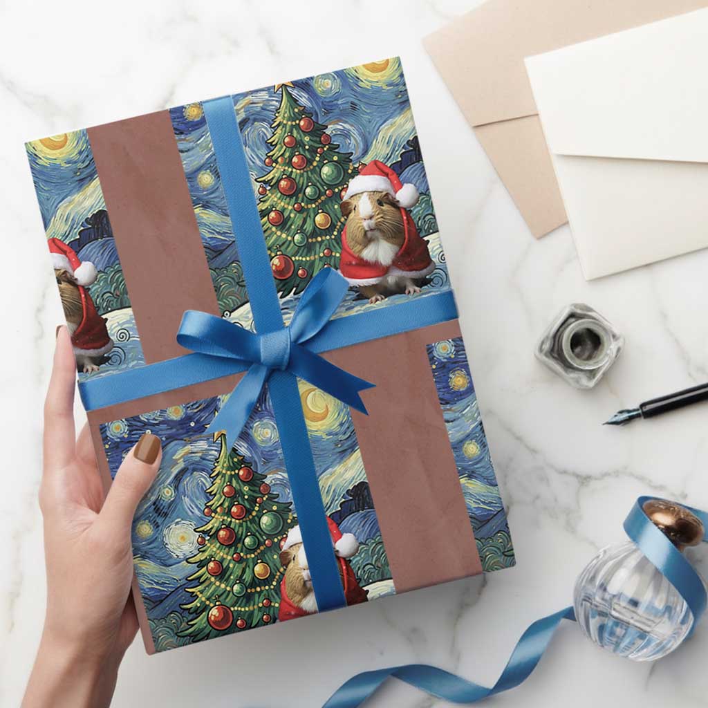 Santa Guinea Pig Starry Night Inspired Wrapping Paper Roll Funny Christmas Gift TS12 Mocha Print Your Wear