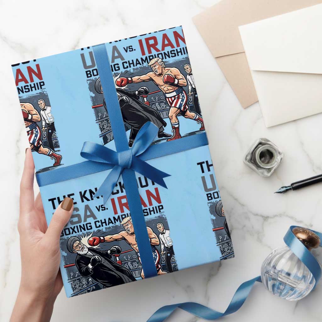 Sarcastic USA vs Iran Knockout Boxing Championship Wrapping Paper Roll Funny Political Satire Fight Night TS02 Light Blue Print Your Wear