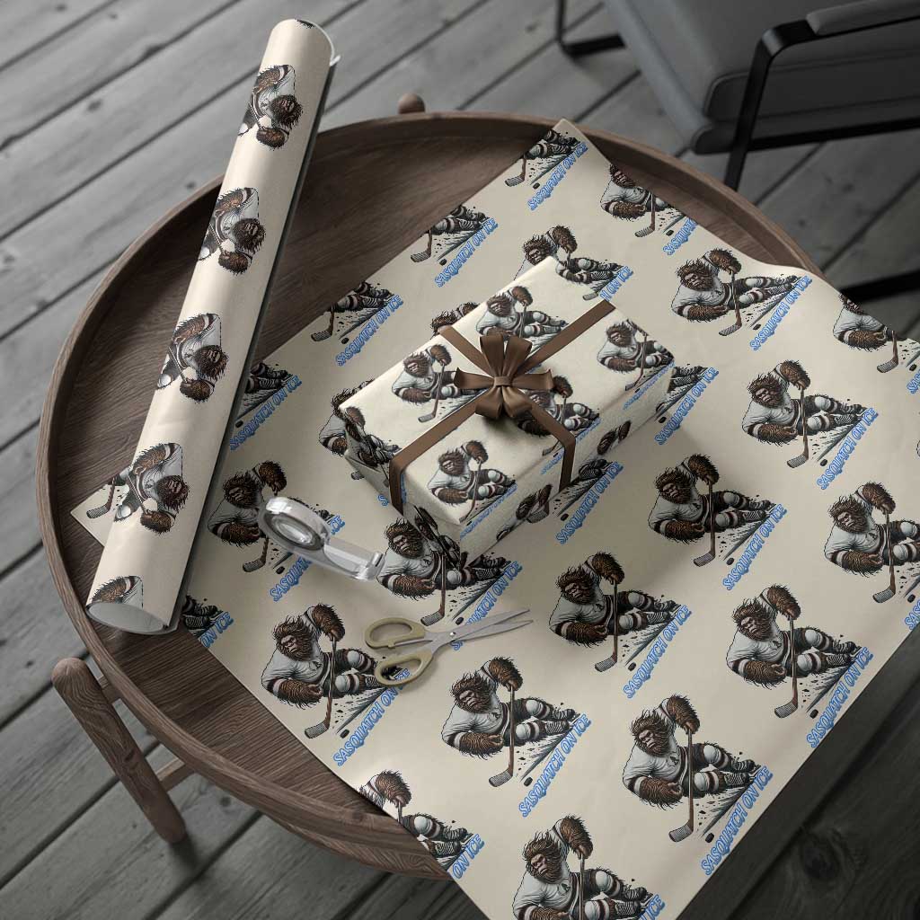 Sasquatch On Ice Wrapping Paper Roll Funny Bigfoot Hockey Player Gift TS12 Beige Print Your Wear