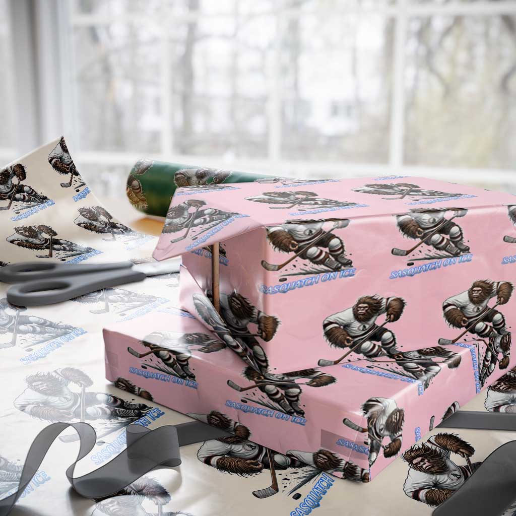 Sasquatch On Ice Wrapping Paper Roll Funny Bigfoot Hockey Player Gift TS12 Light Pink Print Your Wear