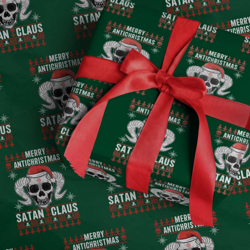 Satan Claus Skull Antichristmas Wrapping Paper Roll Dark Humor Holiday 666 Skull and Horns TS02 Green Print Your Wear