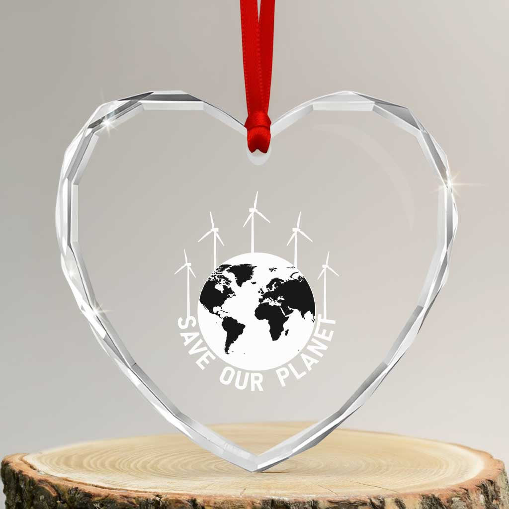 Save Our Planet Heart Crystal Glass Ornament Wind Power Electricity Earth Day 2025 TS02 Transparent Glass 3'' Heart Print Your Wear