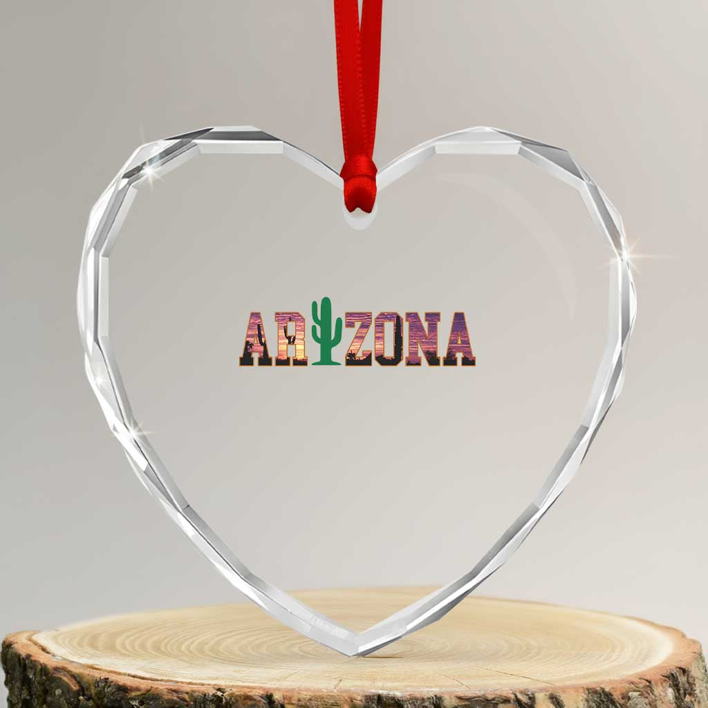 Scenic Arizona Sunset Landscape Graphic Heart Crystal Glass Ornament Southwest Saguaro Cactus Letters Travel Souvenir TS02 Transparent Glass 3'' Heart Print Your Wear