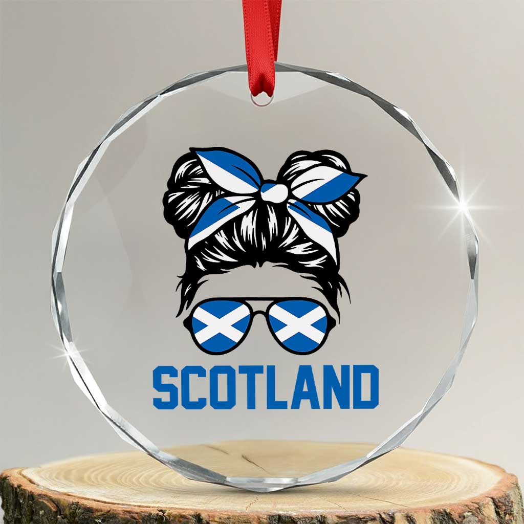 Scotland Messy Bun Hair Saltire Flag Ribbon Bow Crystal Glass Ornament Scottish Pride for Girls Women TS02 Transparent Glass 3'' Circle Print Your Wear