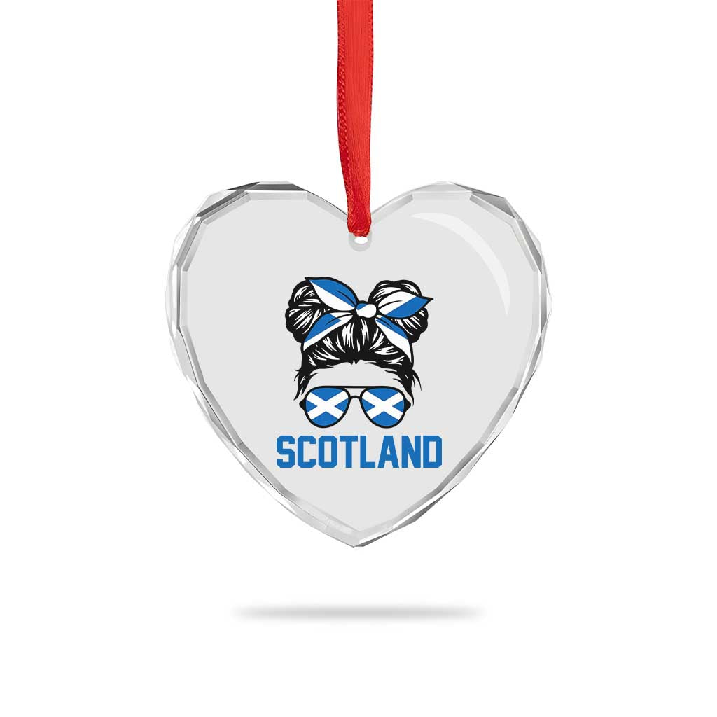 Scotland Messy Bun Hair Saltire Flag Ribbon Bow Heart Crystal Glass Ornament Scottish Pride for Girls Women
