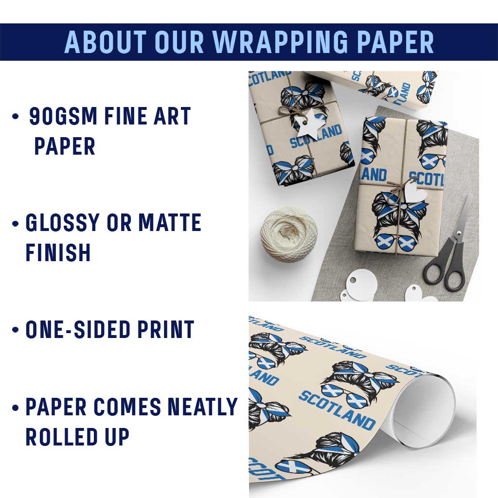 Scotland Messy Bun Hair Saltire Flag Ribbon Bow Wrapping Paper Roll Scottish Pride for Girls Women