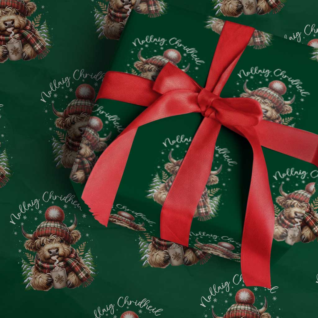 Scottish Christmas Wrapping Paper Roll Nollaig Chridheil Gaelic Xmas Higland Cow TS11 Green Print Your Wear
