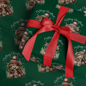 Scottish Christmas Wrapping Paper Roll Nollaig Chridheil Gaelic Xmas Higland Cow TS11 Green Print Your Wear