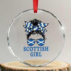 Scottish Girl Messy Bun Hair Saltire Flag Ribbon Bow Crystal Glass Ornament Scotland Pride for Girls Women TS02 Transparent Glass 3'' Circle Print Your Wear