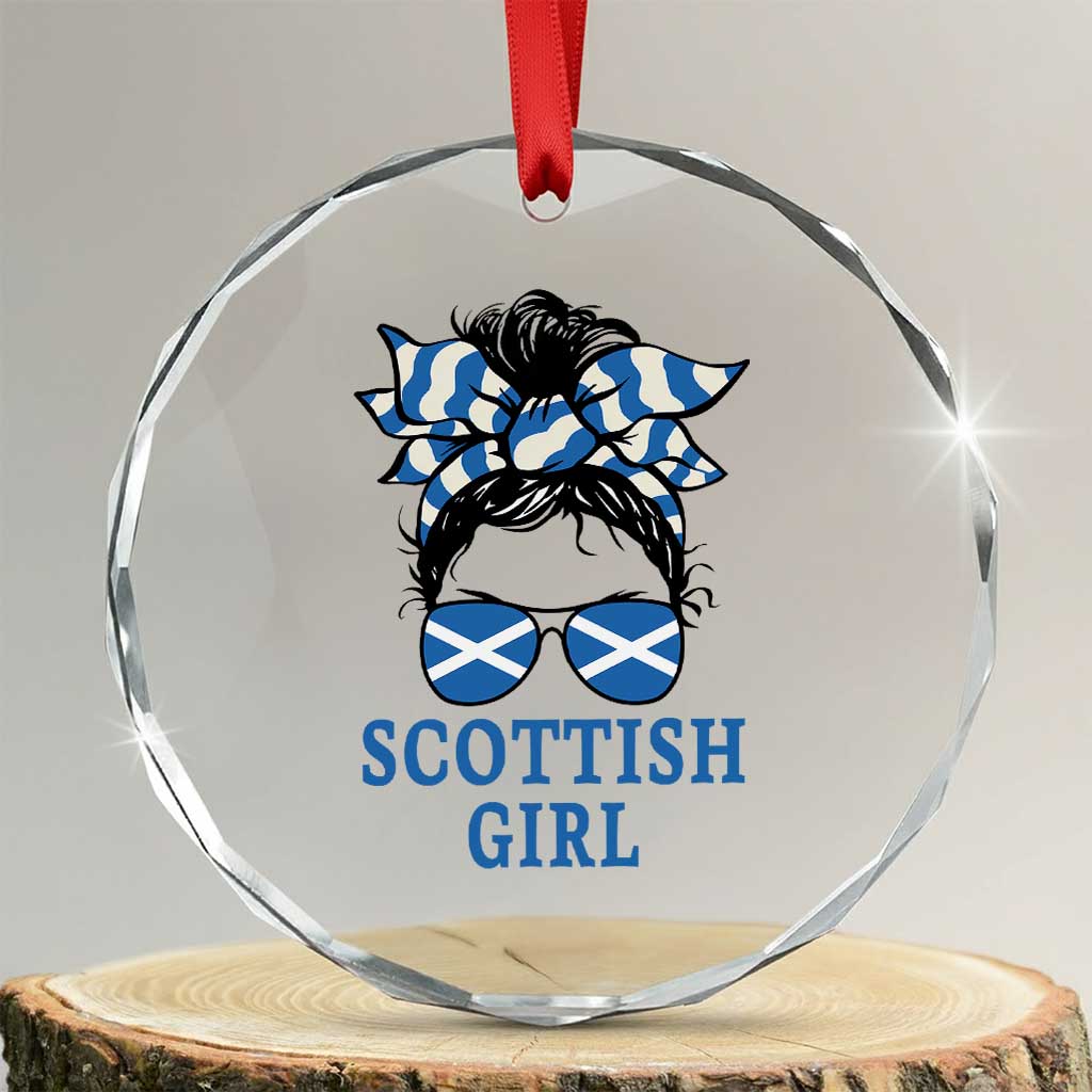 Scottish Girl Messy Bun Hair Saltire Flag Ribbon Bow Crystal Glass Ornament Scotland Pride for Girls Women TS02 Transparent Glass 3'' Circle Print Your Wear