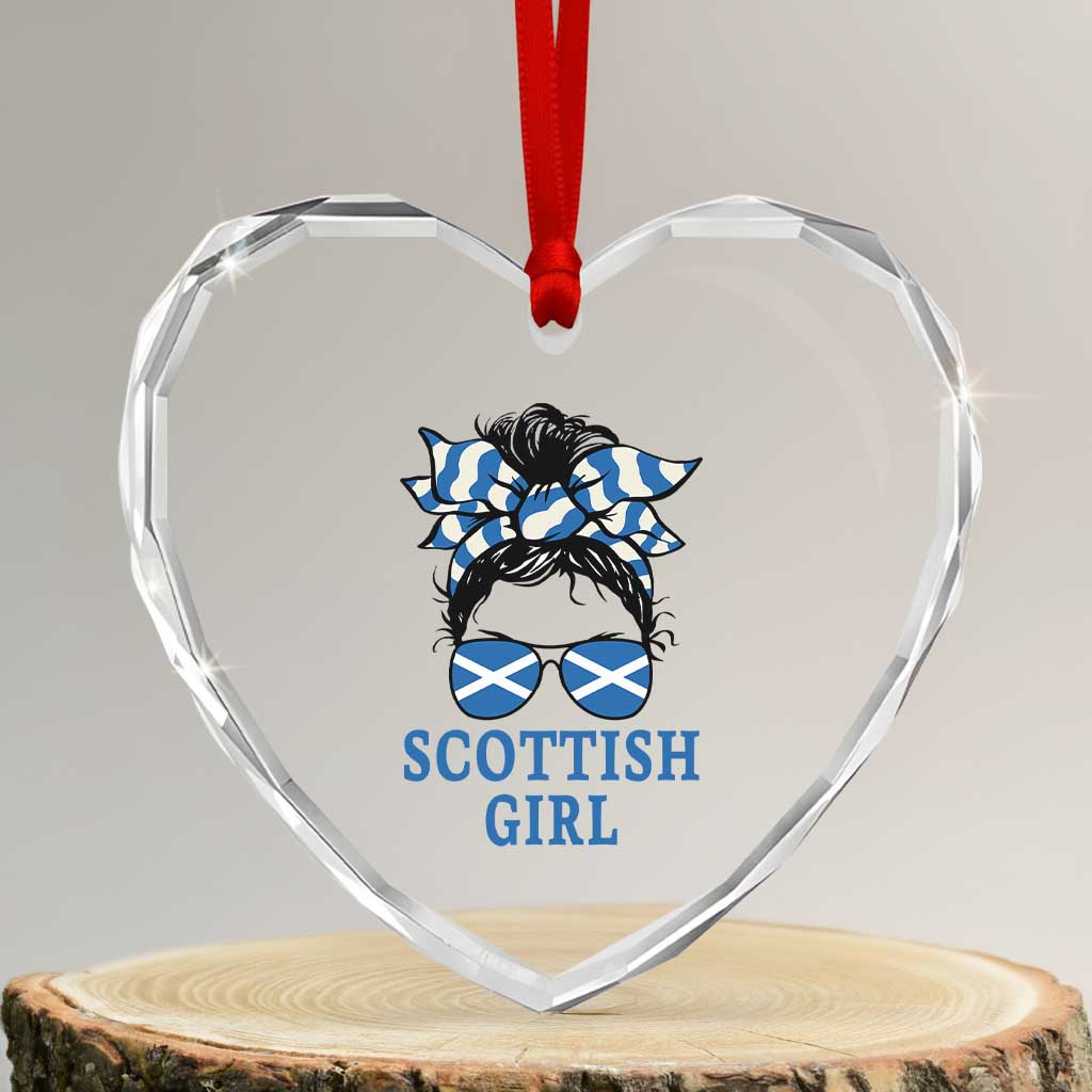 Scottish Girl Messy Bun Hair Saltire Flag Ribbon Bow Heart Crystal Glass Ornament Scotland Pride for Girls Women